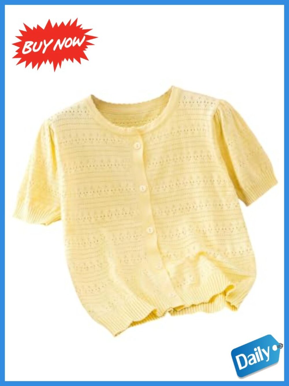 Eyelet Short Sleeve Button Up Lightweight Knit Sweater Top